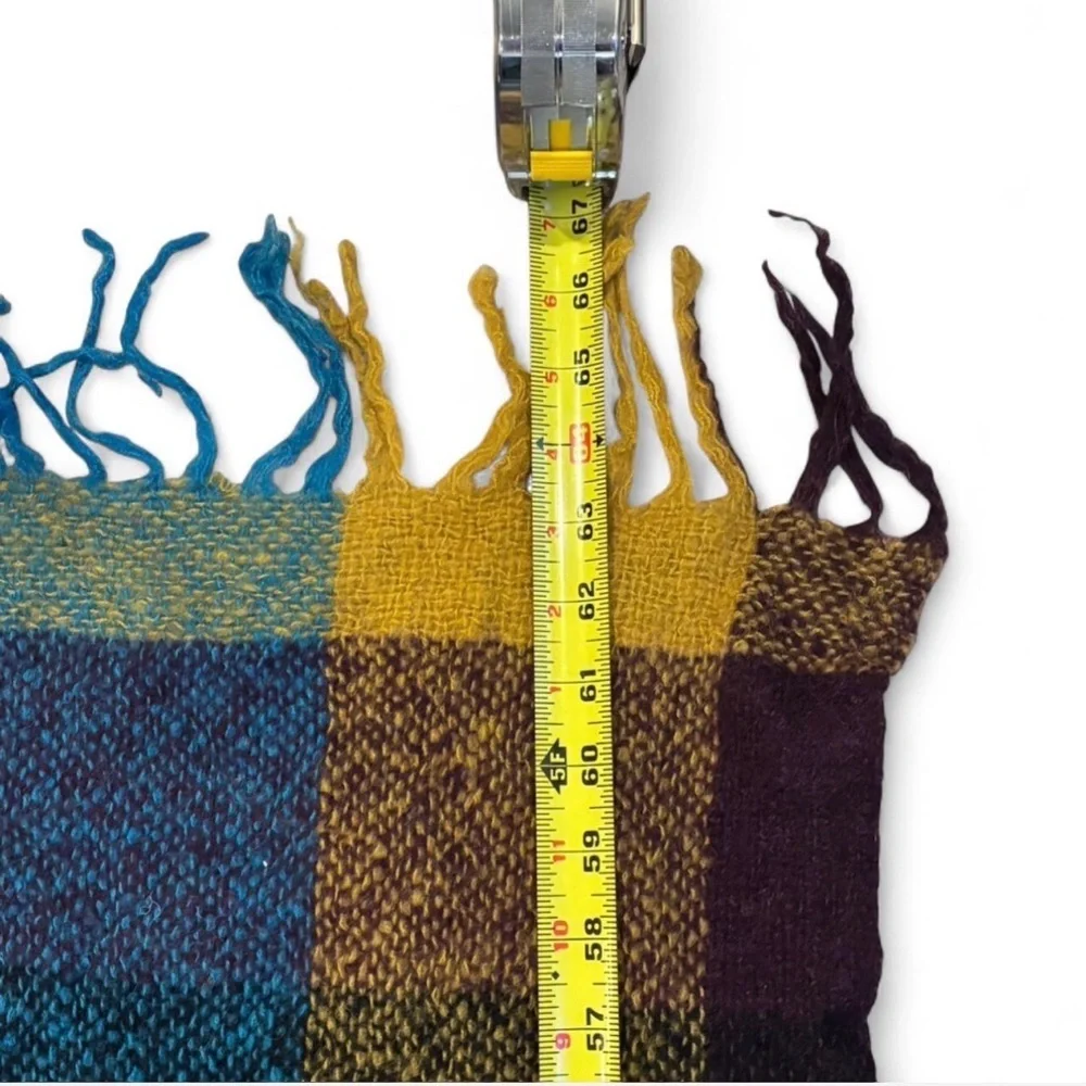 Oversized Plaid Blanket Scarf Mustard Purple Teal Chunky Fringe Cozy Wrap